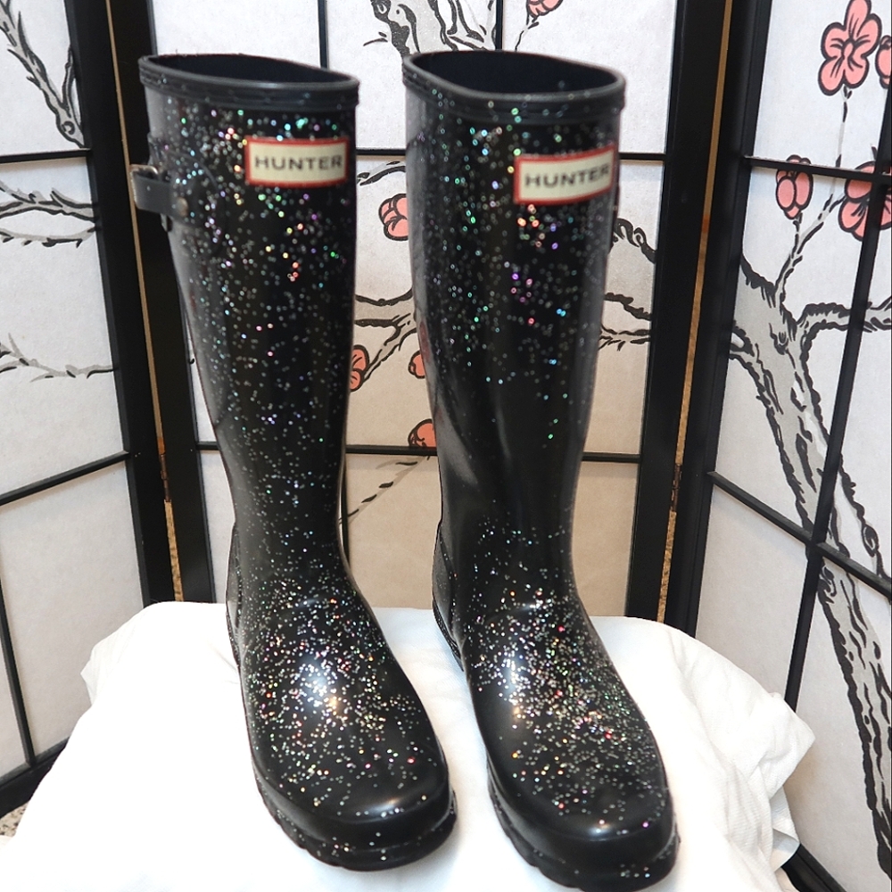 Hunter Big Kids Giant Glitter Black Rain Boots Youth Size 4B/5G